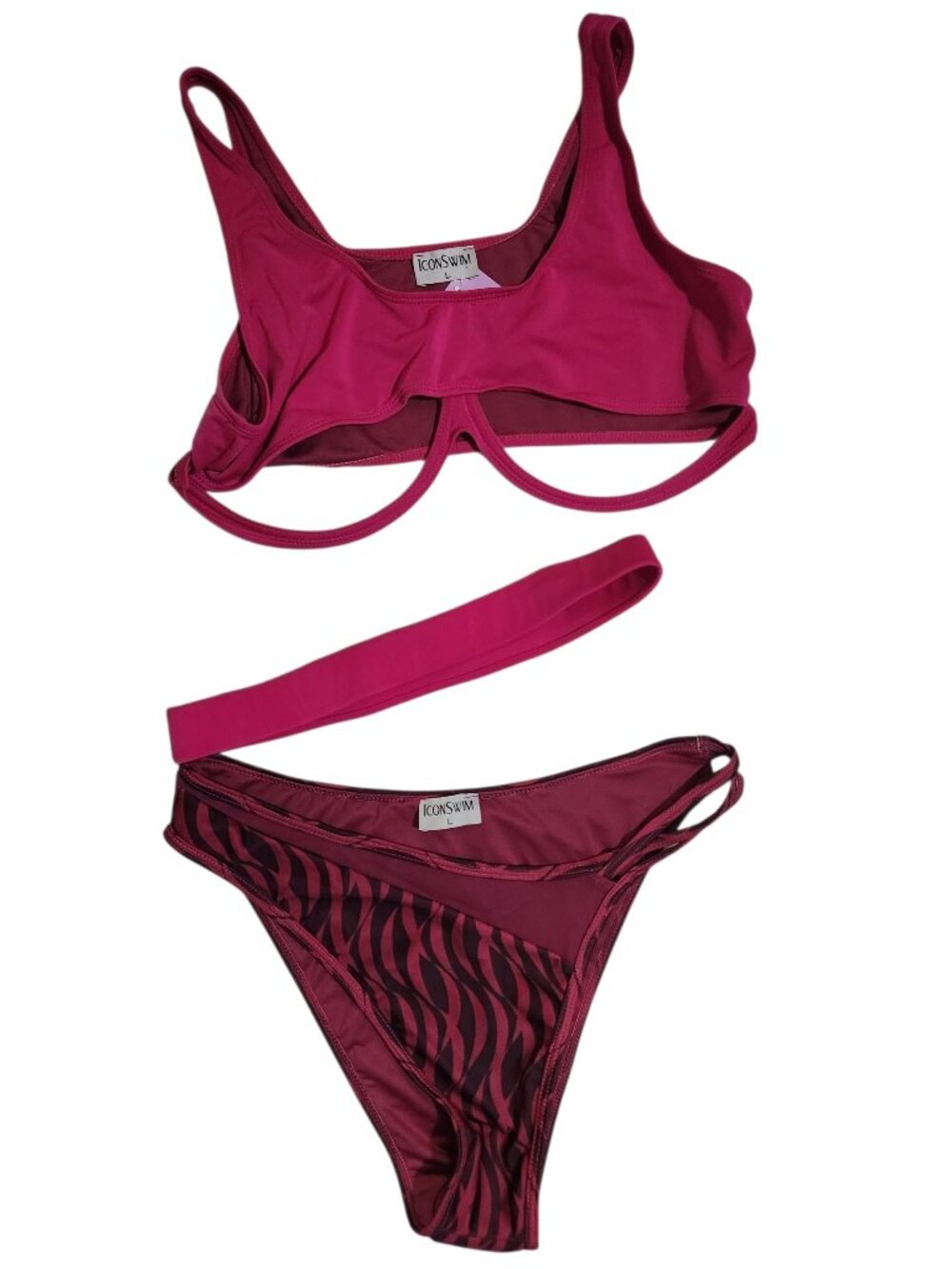 Iconswim Two Piece Swimsuit Size L Pink Zebra Print Bikini Underboob Wire
